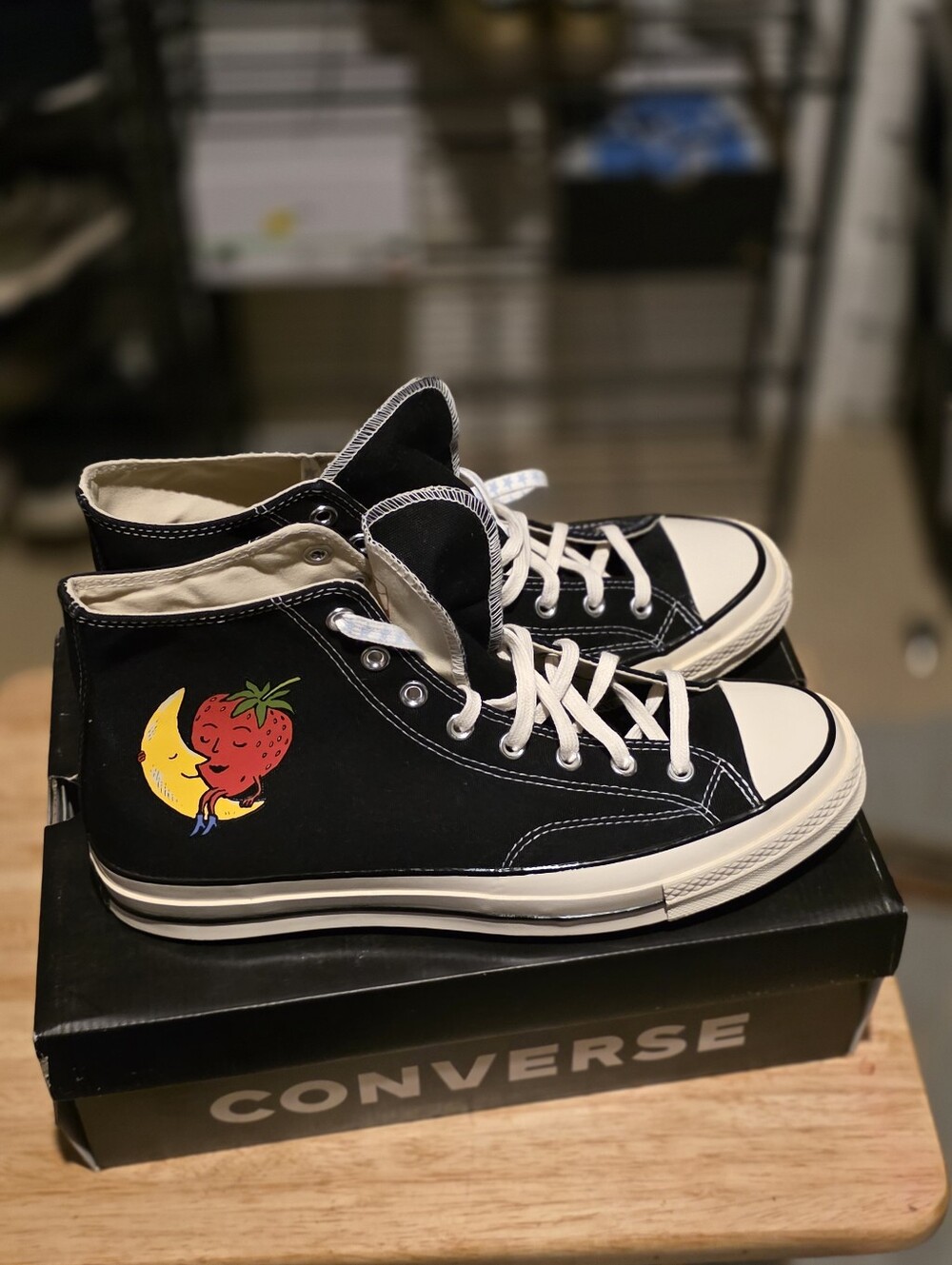 Converse High Top Sneakers Black with Strawberry & Yellow Moon Graphic